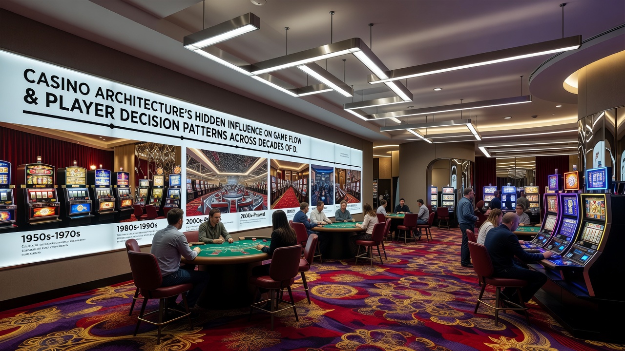 Interior casino scene highlighting strategic lighting over gaming tables and curved pathways guiding visitors past rows of slot machines