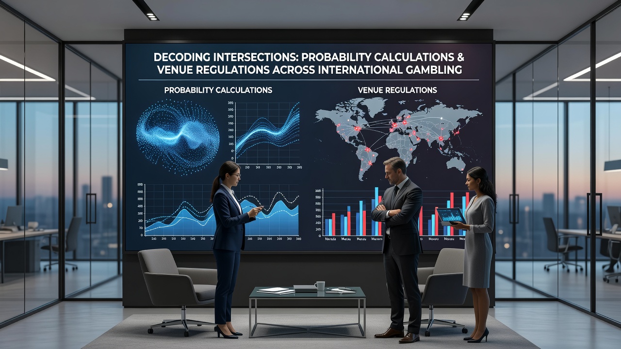 Auditors reviewing probability data and regulatory compliance reports in a casino setting