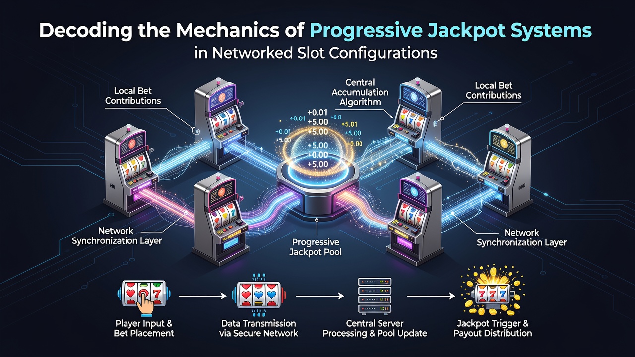 Diagram showing multiple slot machines connected through a central progressive jackpot server with contribution percentages flowing into a growing prize pool