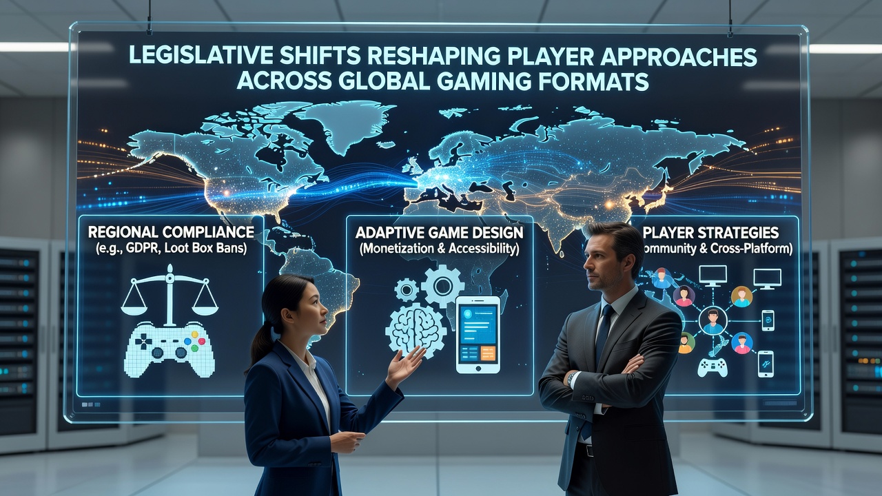 Diverse group of players reviewing gaming regulations on digital devices in a modern setting