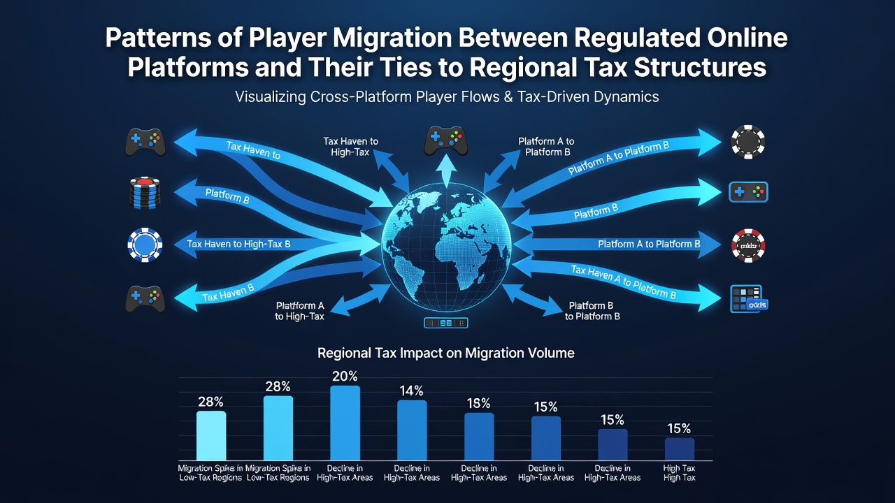 Map illustrating regional tax rate variations and corresponding player movement directions between online gambling markets