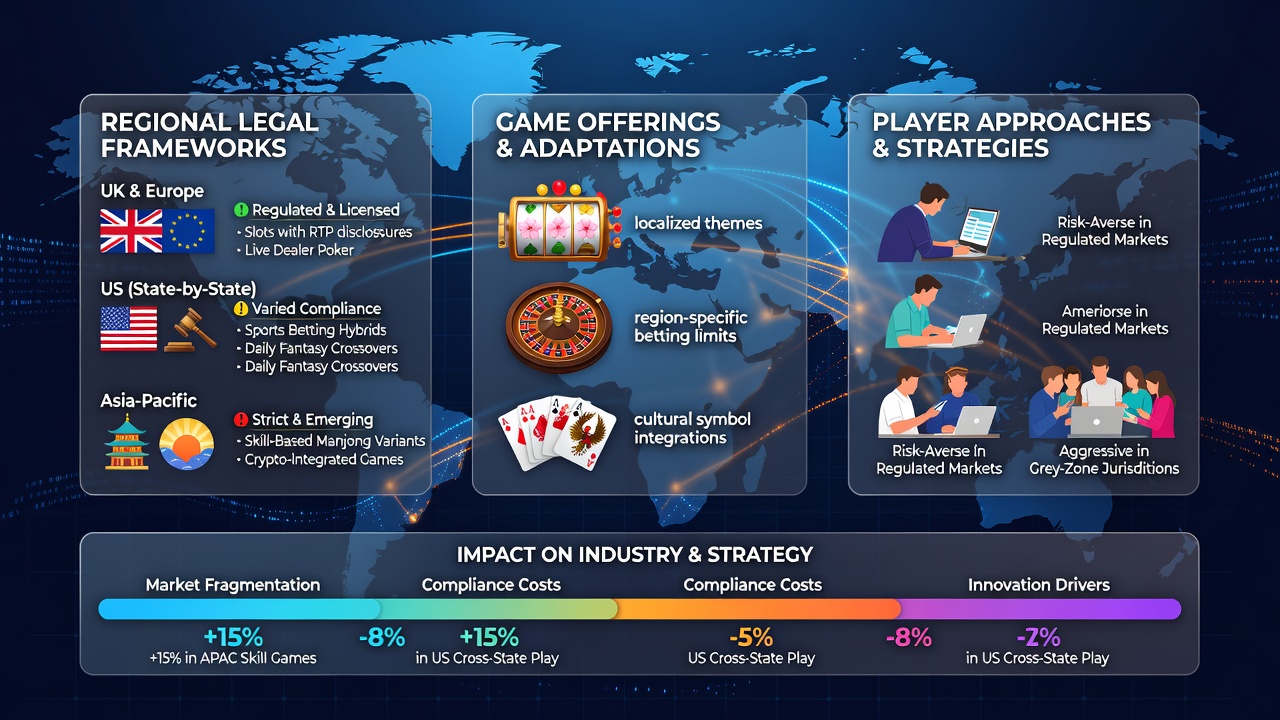 Illustration of regulatory documents and digital interfaces highlighting regional differences in casino game access