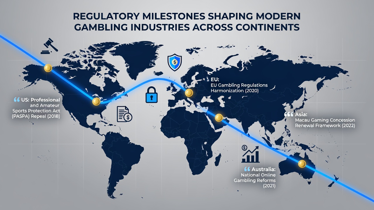 Global regulatory timeline infographic with key dates and continental maps