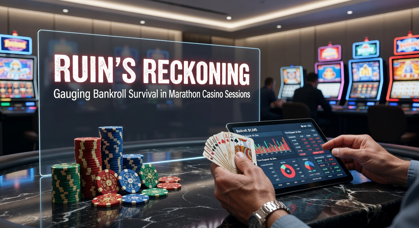 A poker player deep in thought at a casino table during a long session, surrounded by chips and cards, illustrating the tension of bankroll management
