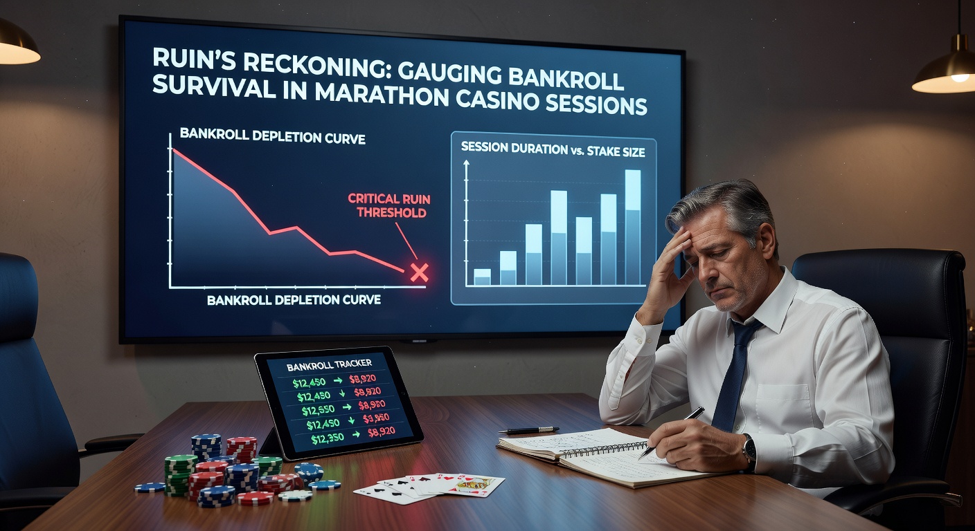 Graph showing bankroll trajectories over time in a casino session, with lines diverging into ruin or survival based on sizing and variance
