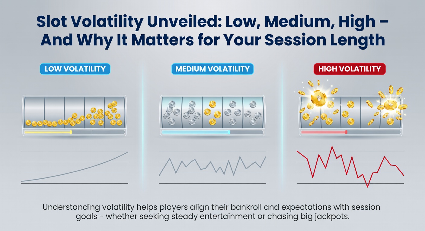 Colorful slot machine reels spinning with symbols aligning for a win, illustrating the excitement of different volatility levels