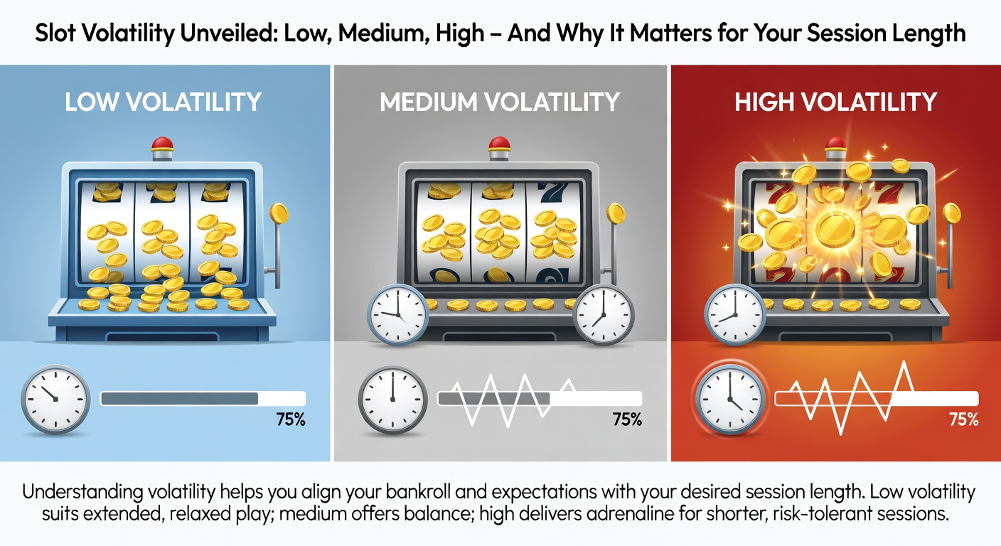 Graph comparing session lengths across low, medium, and high volatility slots, showing dramatic differences in play duration