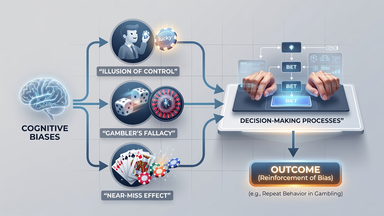 Diagram showing decision-making flow affected by cognitive biases during gambling sessions