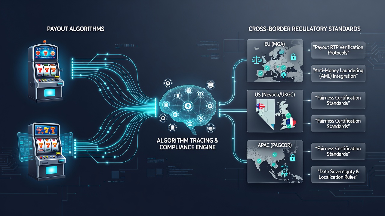 Regulatory compliance dashboard overlaying slot game analytics from multiple jurisdictions